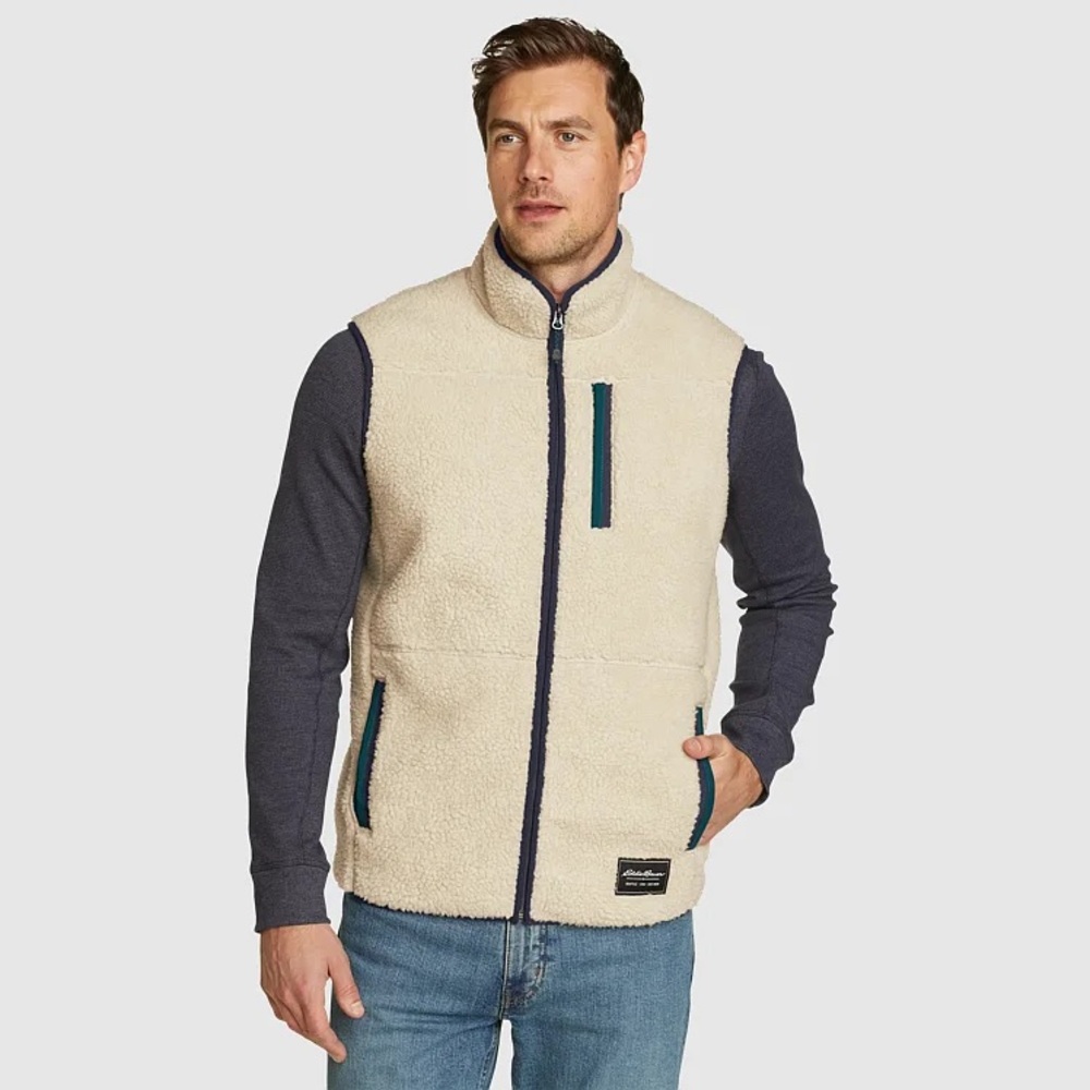 Eddie Bauer Men’s Chilali Faux Shearling Fleece Zip Vest in Oyster Size Small